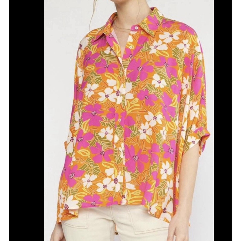 Entro Women's Sz M/L Floral Boxy Top Blouse Tropical Lagenlook Button Up